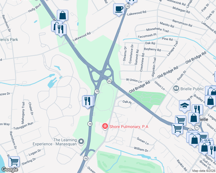 map of restaurants, bars, coffee shops, grocery stores, and more near 241 Oval Road in Manasquan