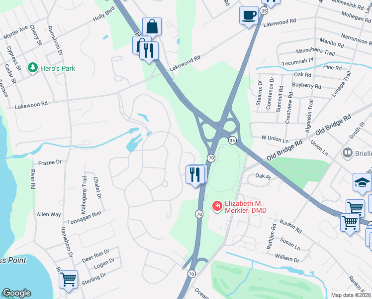 map of restaurants, bars, coffee shops, grocery stores, and more near 2560 Collier Road in Manasquan