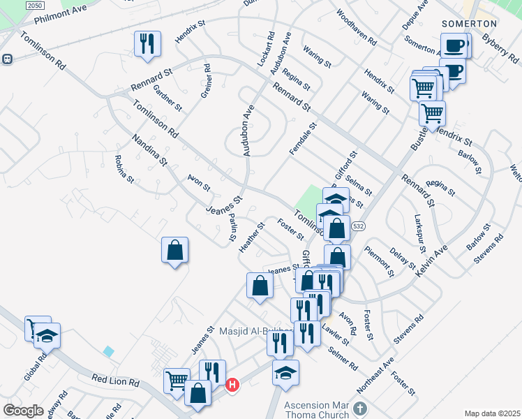 map of restaurants, bars, coffee shops, grocery stores, and more near 499 Avon Street in Philadelphia