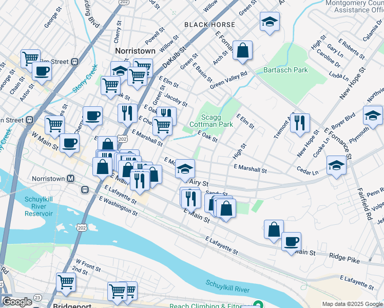 map of restaurants, bars, coffee shops, grocery stores, and more near 422 East Marshall Street in Norristown