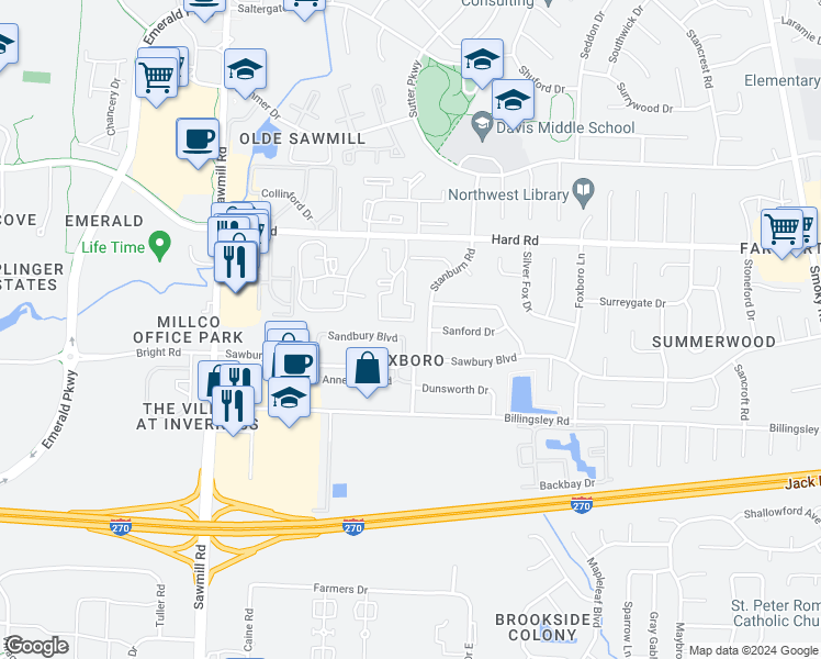 map of restaurants, bars, coffee shops, grocery stores, and more near in Columbus