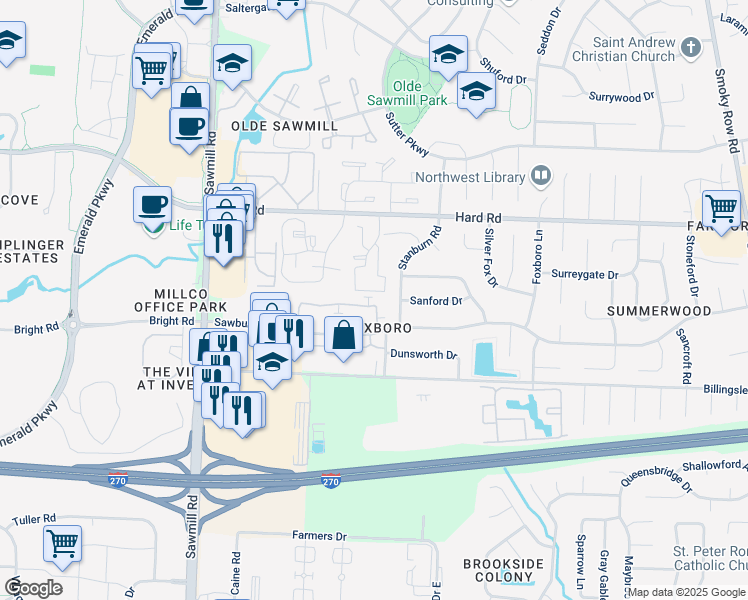 map of restaurants, bars, coffee shops, grocery stores, and more near in Columbus