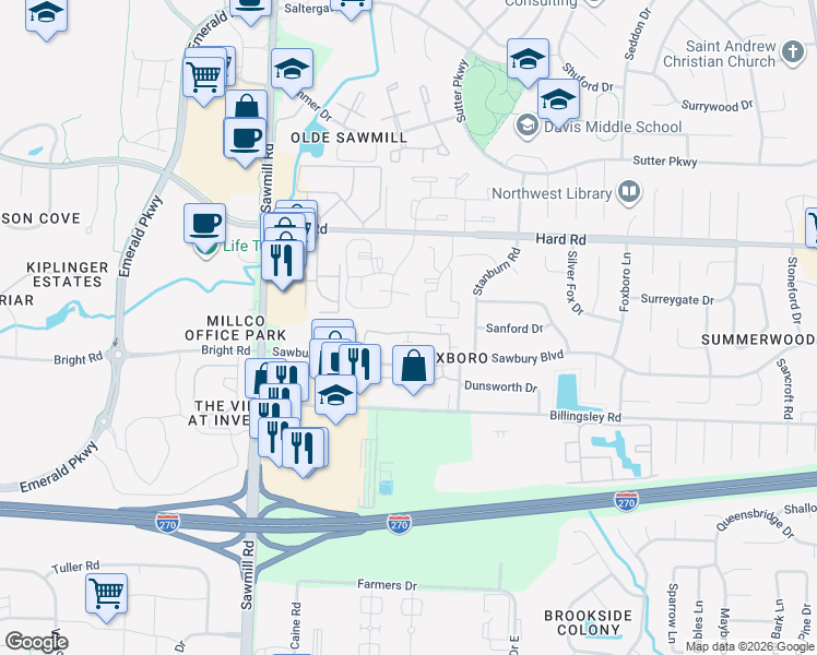 map of restaurants, bars, coffee shops, grocery stores, and more near 2589 Sandbury Boulevard in Columbus