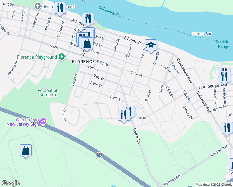 map of restaurants, bars, coffee shops, grocery stores, and more near 425 East 9th Street in Florence