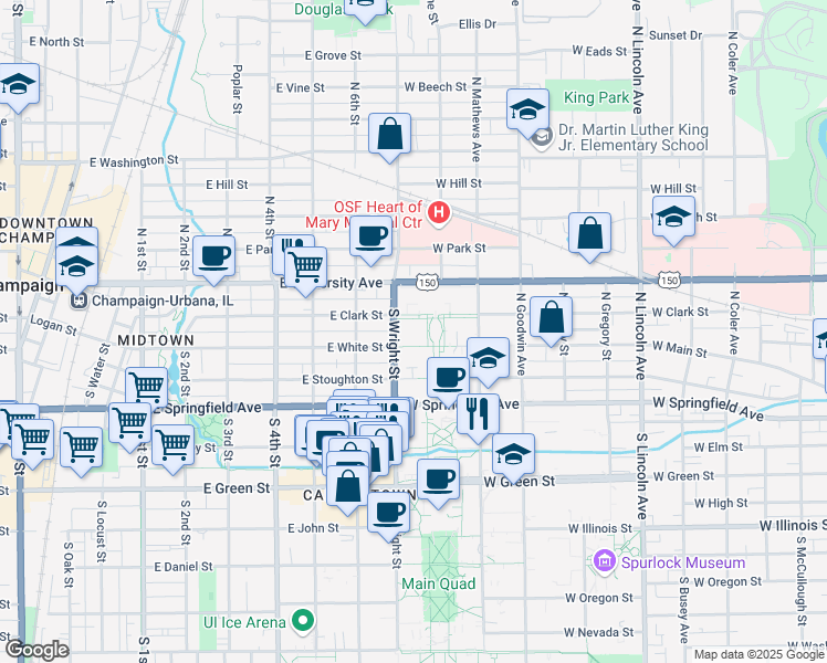 map of restaurants, bars, coffee shops, grocery stores, and more near 306 South Wright Street in Urbana