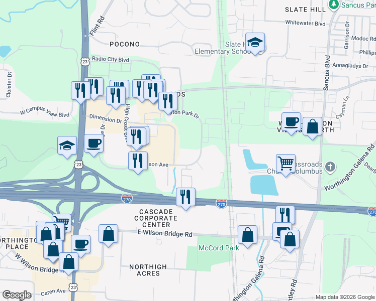 map of restaurants, bars, coffee shops, grocery stores, and more near 346 Hutchinson Avenue in Columbus