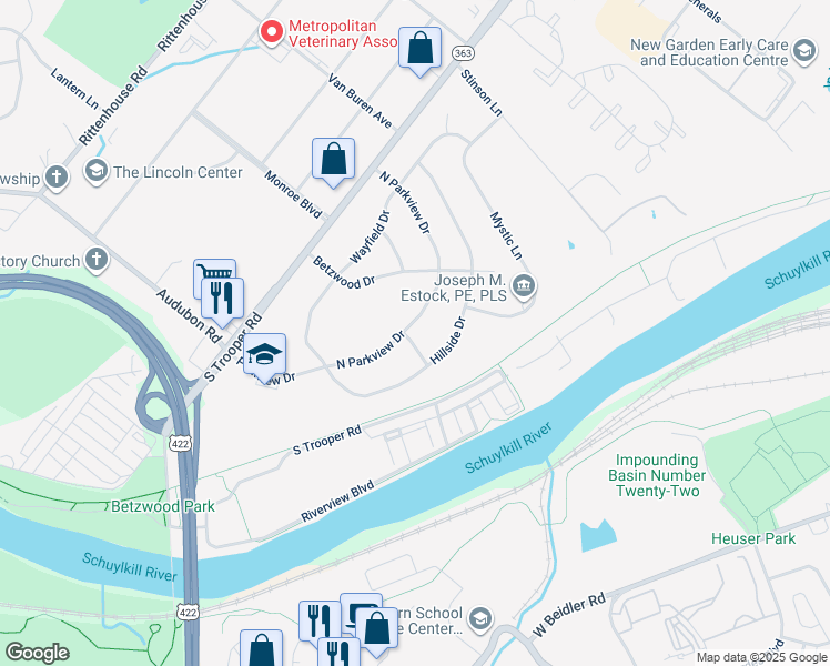 map of restaurants, bars, coffee shops, grocery stores, and more near 1005 Riverview Road in Norristown