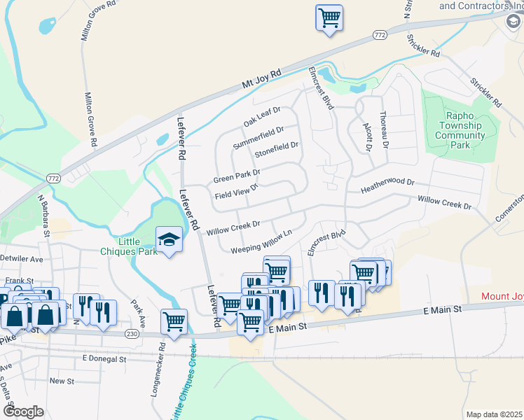 map of restaurants, bars, coffee shops, grocery stores, and more near 4146 Green Park Drive in Mount Joy