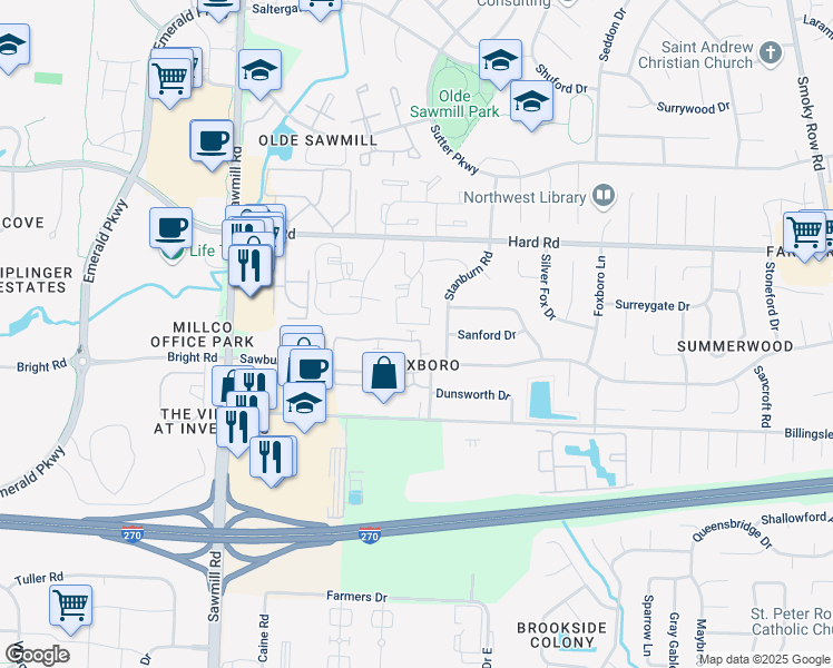 map of restaurants, bars, coffee shops, grocery stores, and more near in Columbus
