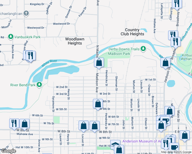 map of restaurants, bars, coffee shops, grocery stores, and more near 1005 West 1st Street in Anderson