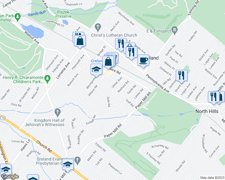 map of restaurants, bars, coffee shops, grocery stores, and more near 120 Ulmer Avenue in Oreland