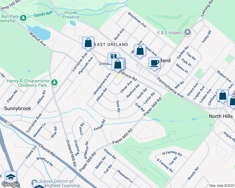 map of restaurants, bars, coffee shops, grocery stores, and more near 163 Ulmer Avenue in Oreland