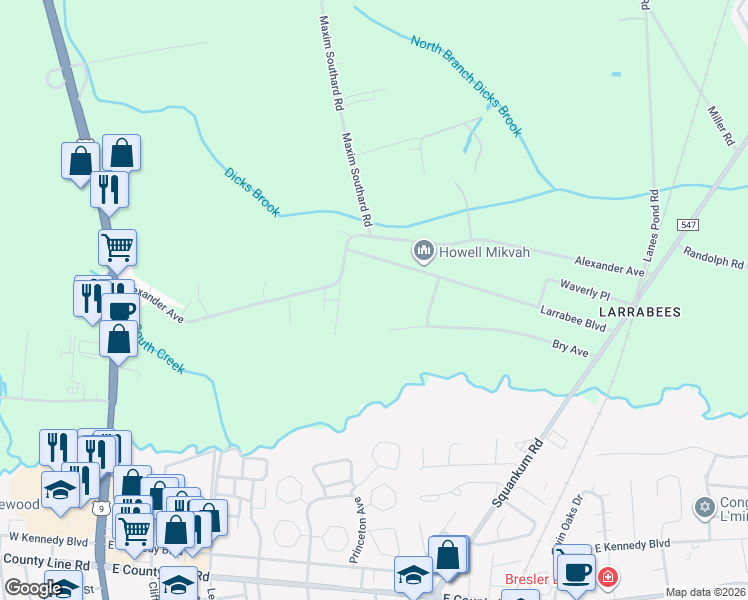 map of restaurants, bars, coffee shops, grocery stores, and more near 286 Bry Avenue in Howell Township