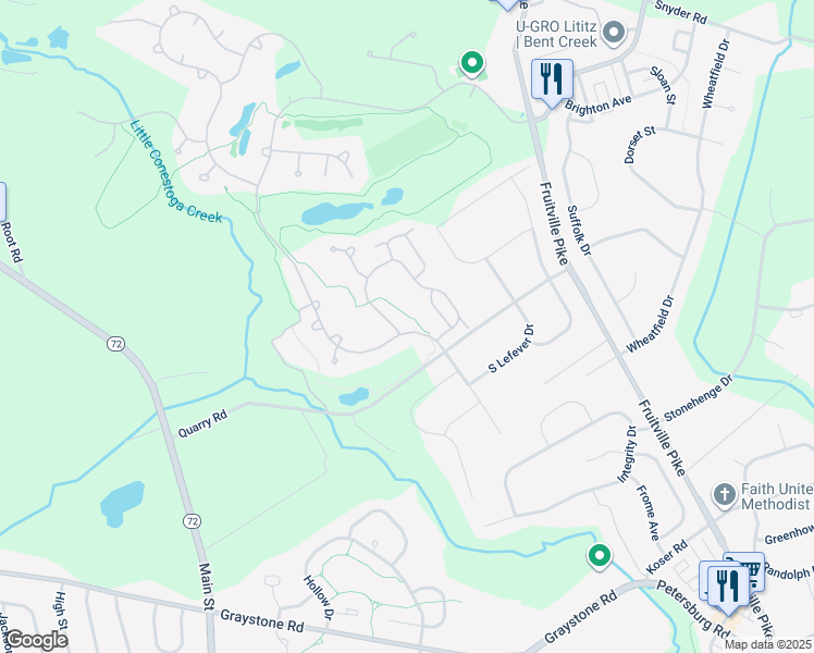 map of restaurants, bars, coffee shops, grocery stores, and more near 846 Bent Creek Drive in Lititz