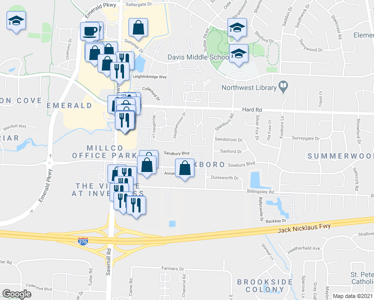 map of restaurants, bars, coffee shops, grocery stores, and more near 2560 Sandbury Boulevard in Columbus