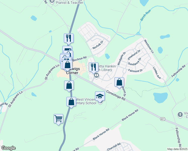map of restaurants, bars, coffee shops, grocery stores, and more near 240 Windgate Drive in Chester Springs