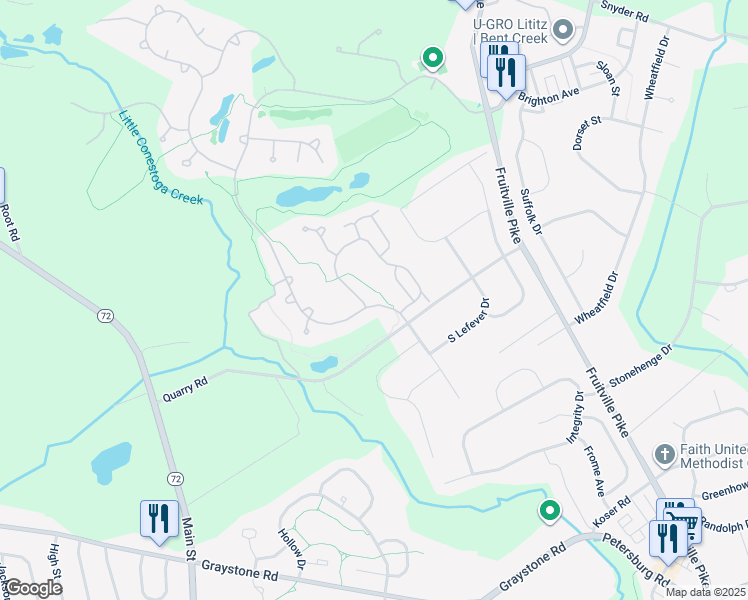 map of restaurants, bars, coffee shops, grocery stores, and more near 846 Bent Creek Drive in Lititz