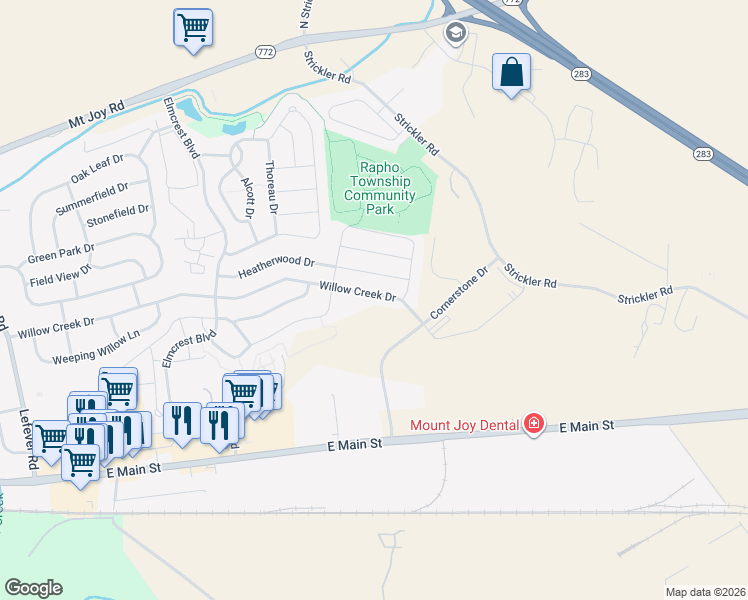 map of restaurants, bars, coffee shops, grocery stores, and more near 1418 Willow Creek Drive in Manheim