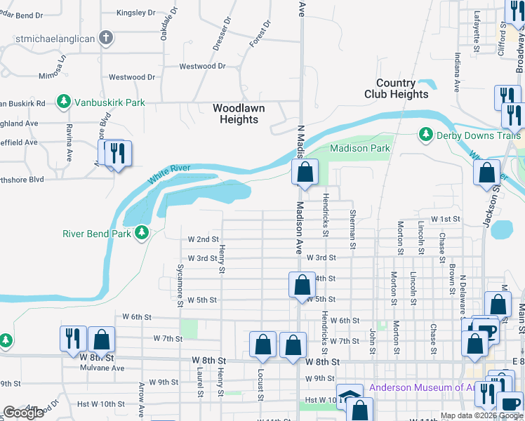 map of restaurants, bars, coffee shops, grocery stores, and more near 1121 West 1st Street in Anderson