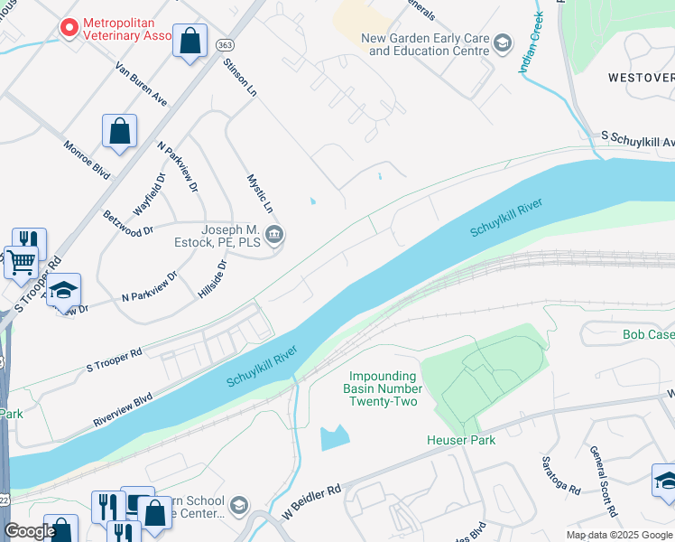map of restaurants, bars, coffee shops, grocery stores, and more near 73 West Indian Lane in Norristown