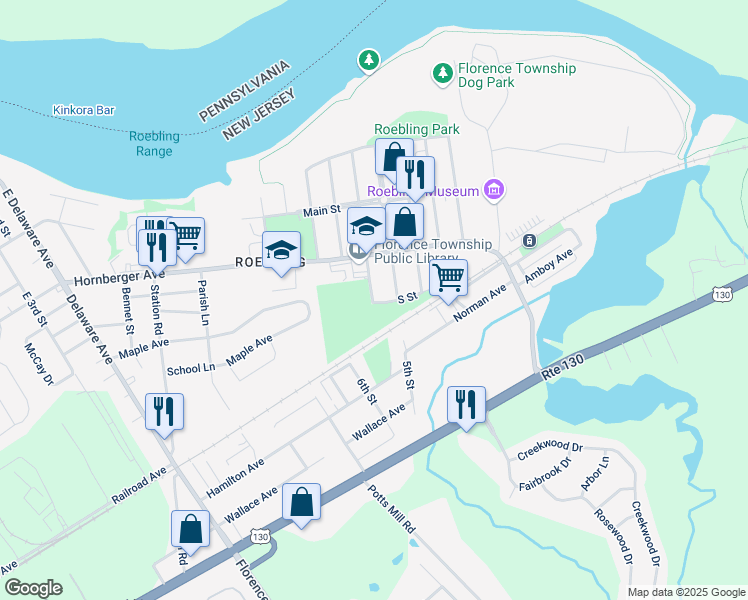 map of restaurants, bars, coffee shops, grocery stores, and more near 121 S Street in Florence Township