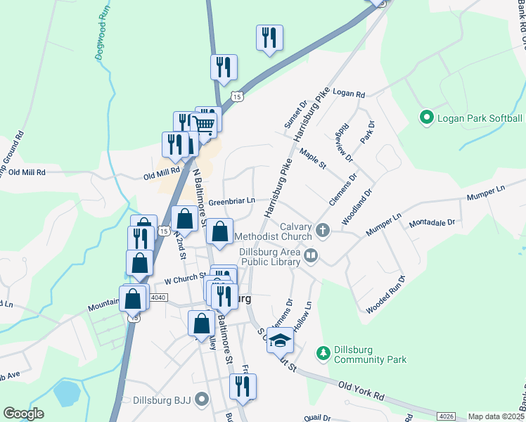 map of restaurants, bars, coffee shops, grocery stores, and more near 108 Mumper Lane in Dillsburg