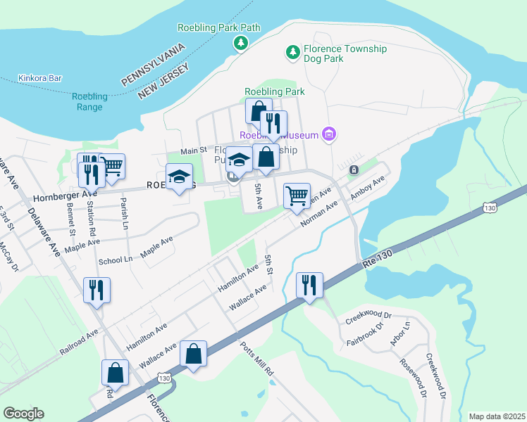 map of restaurants, bars, coffee shops, grocery stores, and more near 48 S Street in Florence Township