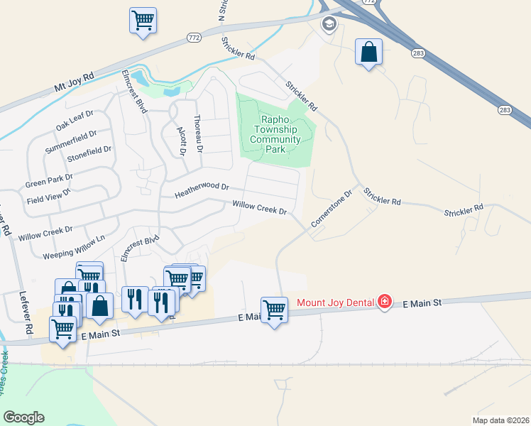 map of restaurants, bars, coffee shops, grocery stores, and more near 1418 Willow Creek Drive in Manheim