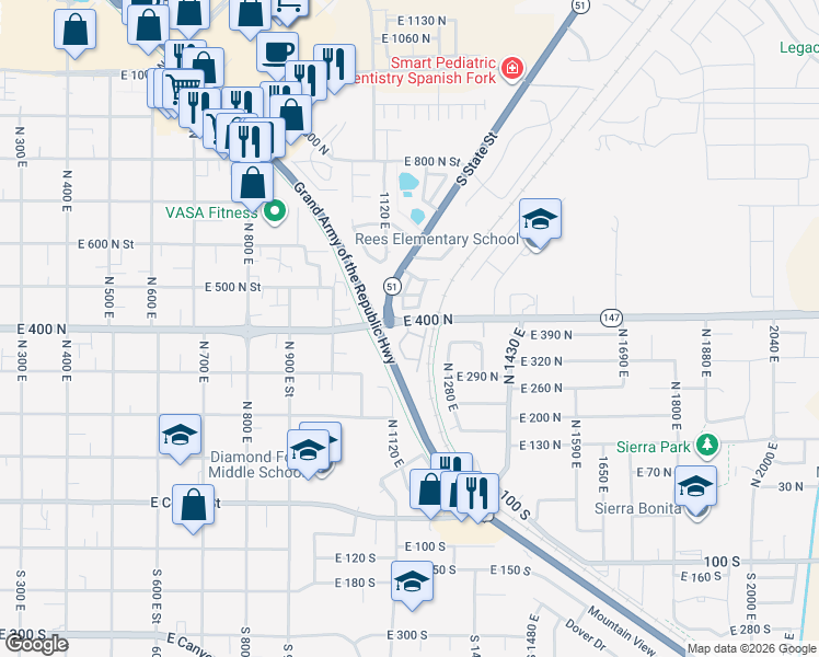 map of restaurants, bars, coffee shops, grocery stores, and more near 1200 East 400 North in Spanish Fork