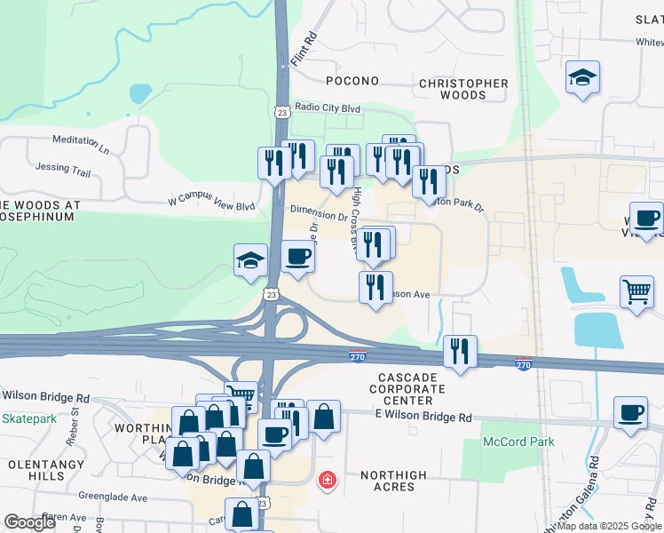 map of restaurants, bars, coffee shops, grocery stores, and more near 7365 High Cross Boulevard in Columbus