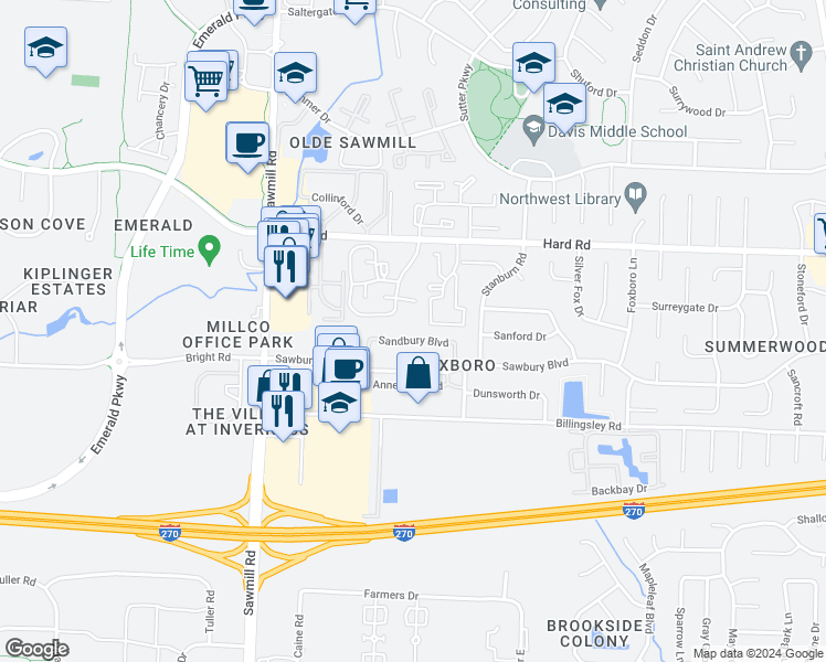 map of restaurants, bars, coffee shops, grocery stores, and more near 2589 Sandbury Boulevard in Columbus
