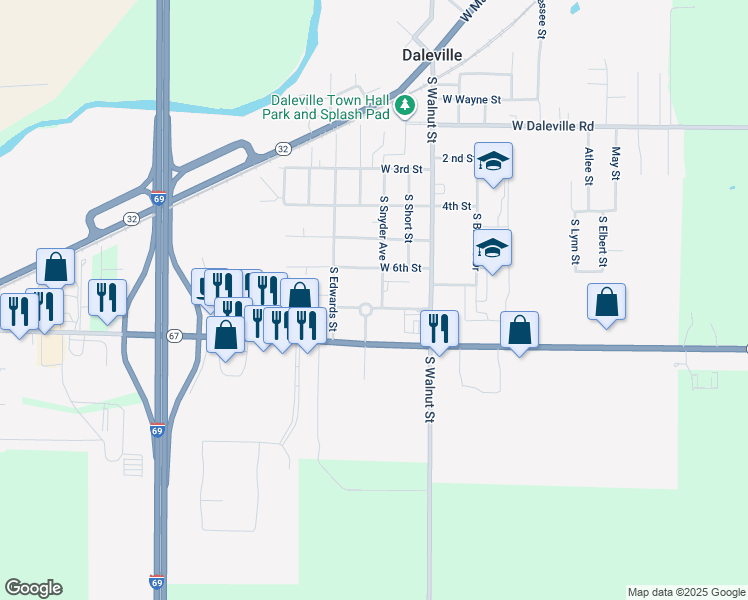 map of restaurants, bars, coffee shops, grocery stores, and more near Orchard Parkway in Daleville