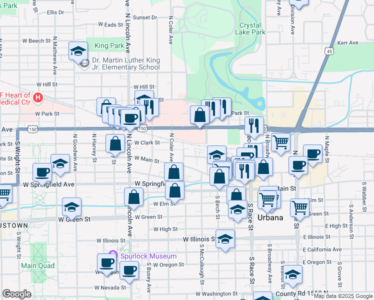 map of restaurants, bars, coffee shops, grocery stores, and more near 315 North Orchard Street in Urbana