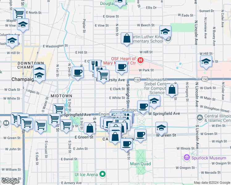map of restaurants, bars, coffee shops, grocery stores, and more near 602 East White Street in Champaign