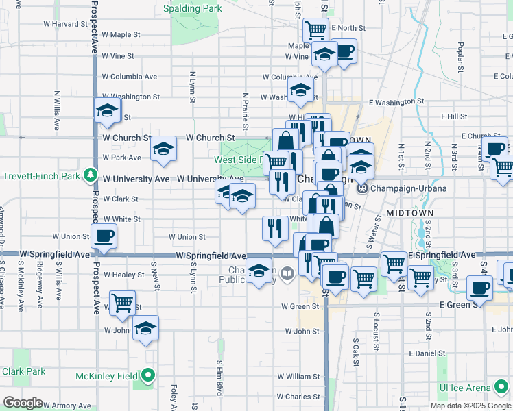 map of restaurants, bars, coffee shops, grocery stores, and more near 312 West White Street in Champaign