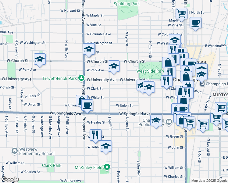 map of restaurants, bars, coffee shops, grocery stores, and more near 618 West White Street in Champaign