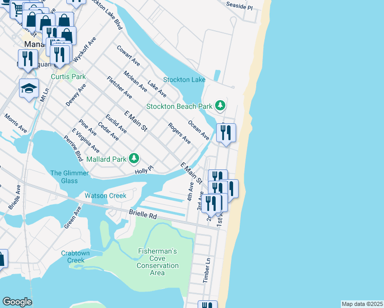 map of restaurants, bars, coffee shops, grocery stores, and more near 5 Pearce Court in Manasquan
