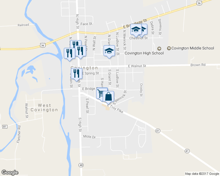 map of restaurants, bars, coffee shops, grocery stores, and more near 299 South Grant Street in Covington