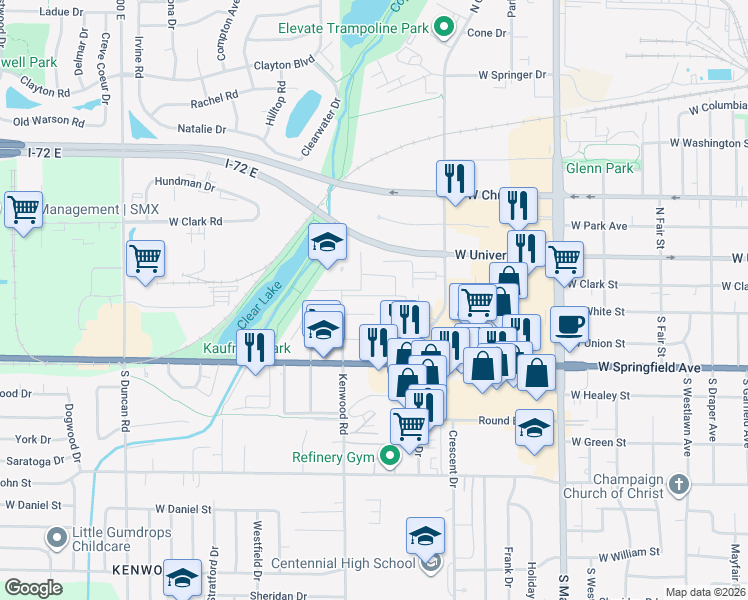 map of restaurants, bars, coffee shops, grocery stores, and more near 2106 West White Street in Champaign