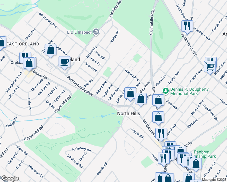 map of restaurants, bars, coffee shops, grocery stores, and more near 140 Linden Avenue in Glenside
