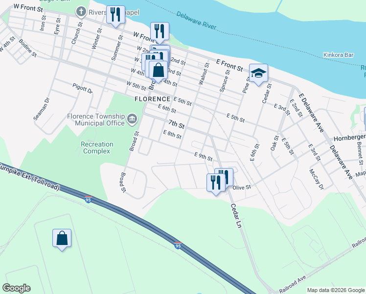 map of restaurants, bars, coffee shops, grocery stores, and more near 904 Walnut Street in Florence