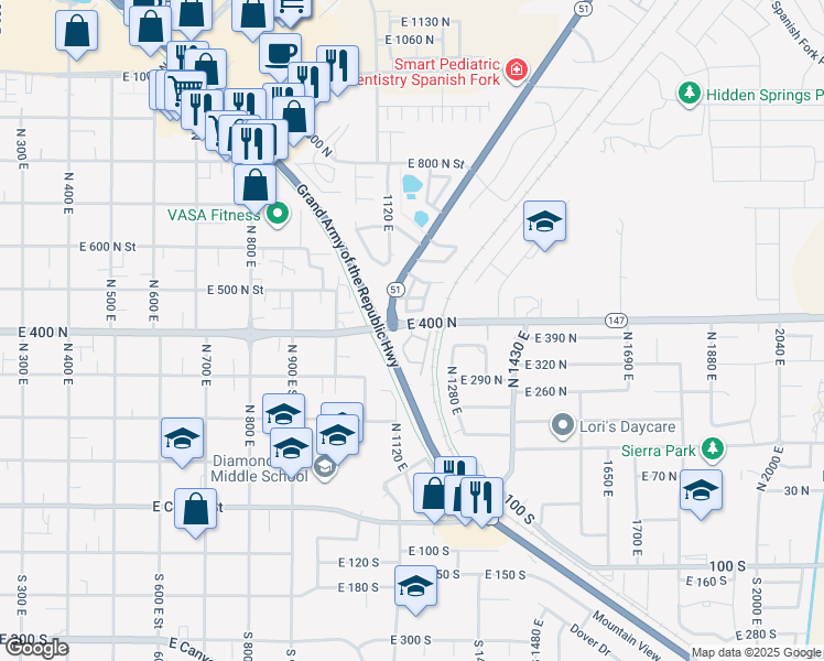 map of restaurants, bars, coffee shops, grocery stores, and more near 1200 East 400 North in Spanish Fork