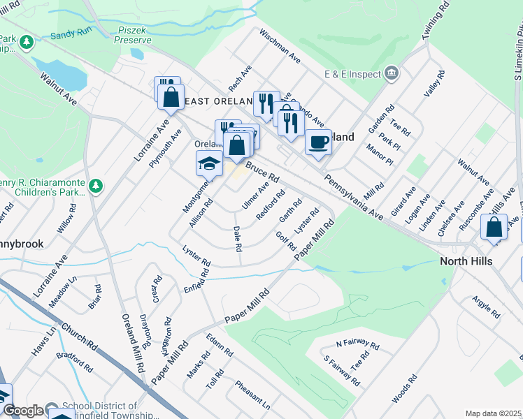 map of restaurants, bars, coffee shops, grocery stores, and more near 117 Redford Road in Oreland