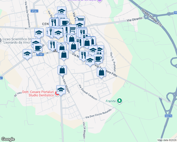 map of restaurants, bars, coffee shops, grocery stores, and more near 21 Via Guido Rossa in Maglie