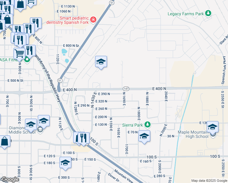 map of restaurants, bars, coffee shops, grocery stores, and more near 1634 East 390 North in Spanish Fork