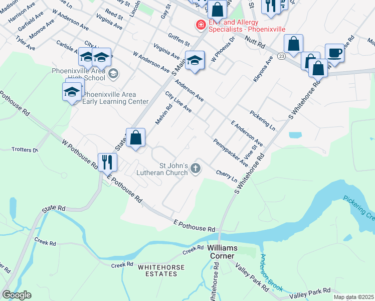 map of restaurants, bars, coffee shops, grocery stores, and more near 316 Saint Johns Circle in Phoenixville