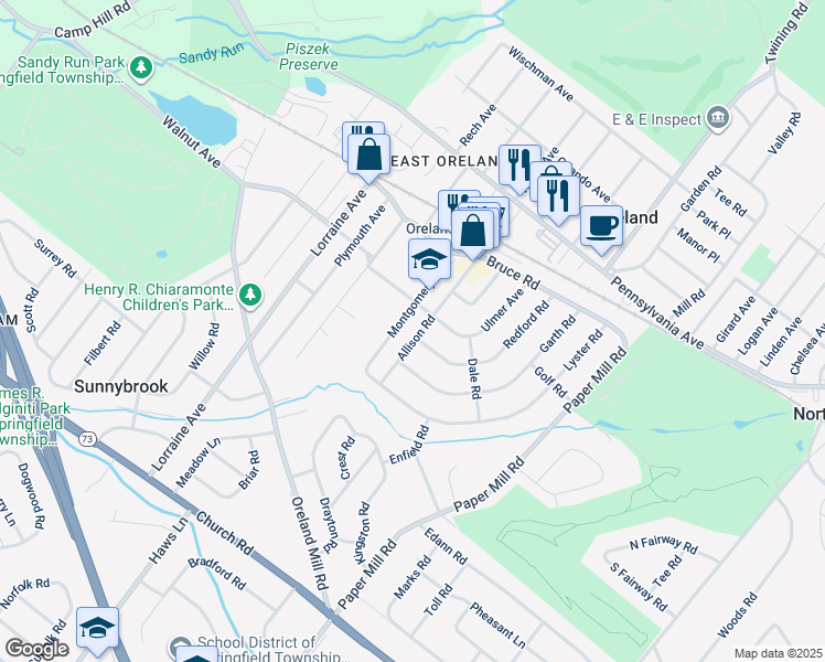 map of restaurants, bars, coffee shops, grocery stores, and more near 209 Allison Road in Oreland
