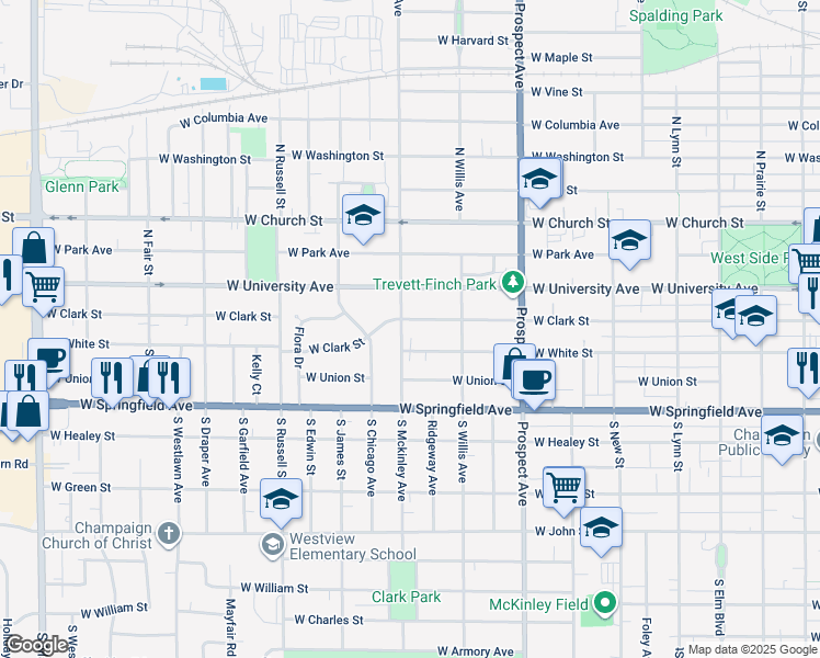 map of restaurants, bars, coffee shops, grocery stores, and more near 1010 West White Street in Champaign