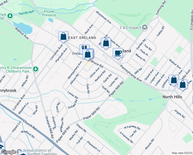 map of restaurants, bars, coffee shops, grocery stores, and more near 117 Redford Road in Oreland