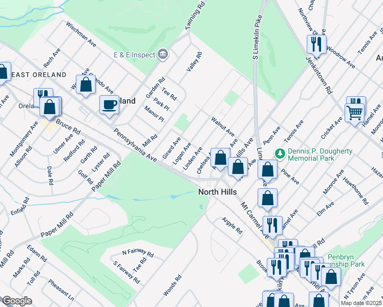 map of restaurants, bars, coffee shops, grocery stores, and more near 140 Linden Avenue in Glenside